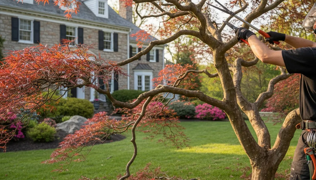 Arborist hand pruning Japanese maple for ornamental tree care at a residential property in Easton, PA