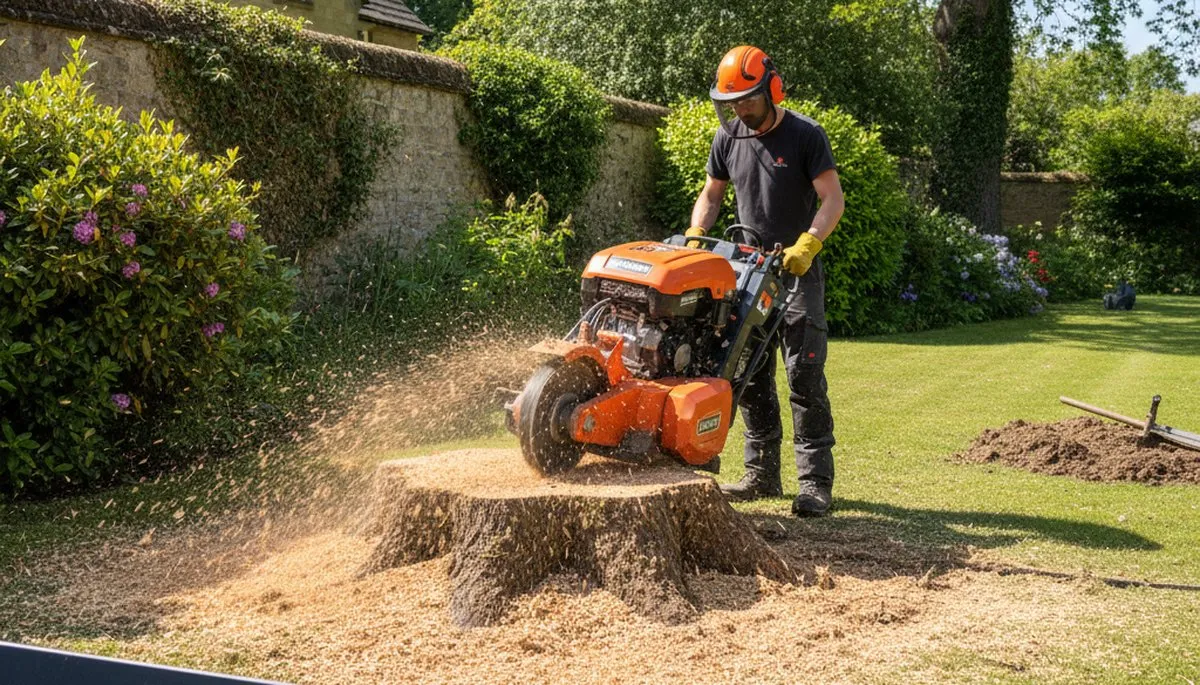 Professional stump grinding removing tree stumps on residential lawn in Bath, PA by Easton tree service experts